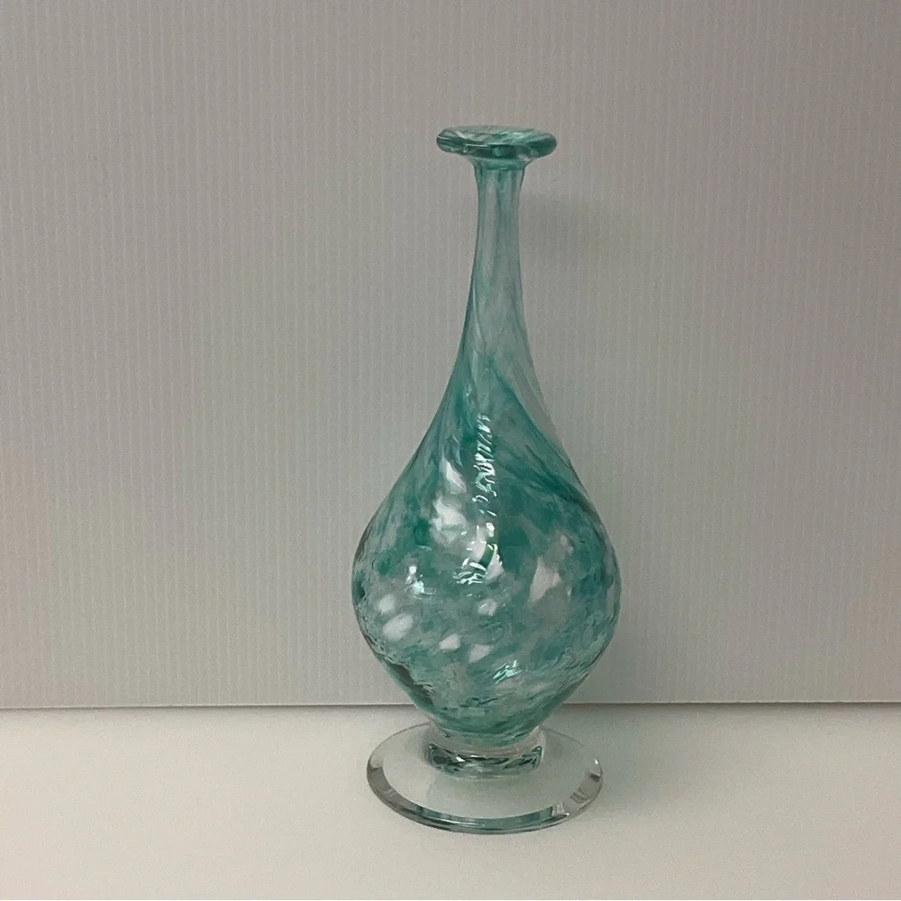 LC ROFF Vase Hand Blown Glass Teardrop Signed Swirls 9” Tall Aqua